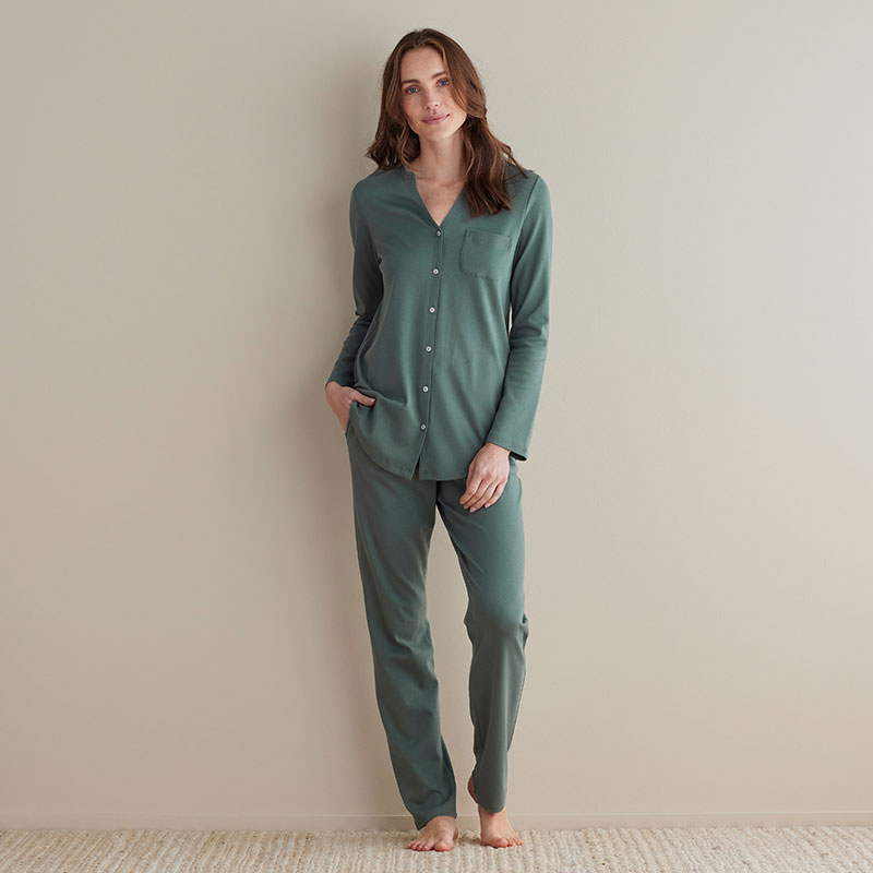 Pima Cotton Women's Button-Down Pajama Set - Green Mist, L