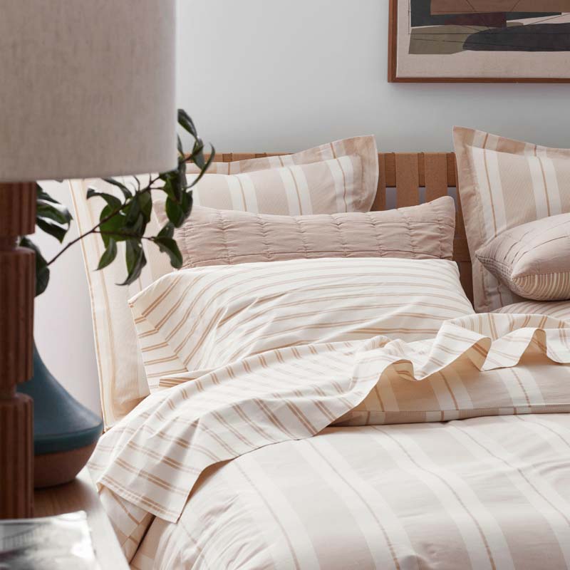 Tailored Stripes and Plaids Classic Cool Cotton Percale Fitted Bed Sheet - Narrow Stripe Gold, Queen