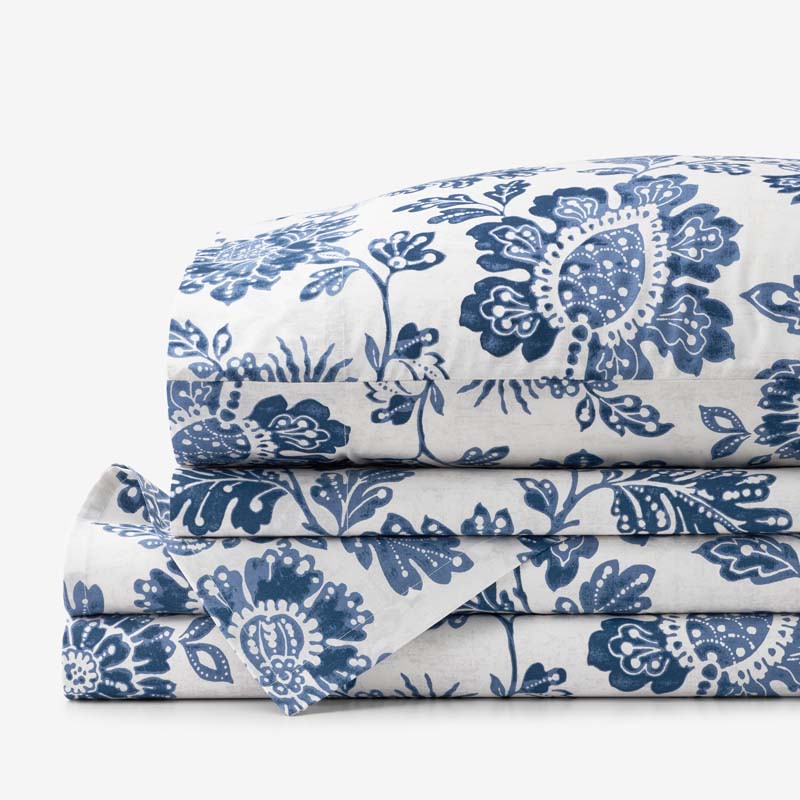 Floral Indigo Garden Classic Cool Cotton Percale Bed Sheet Set - Blue, Full