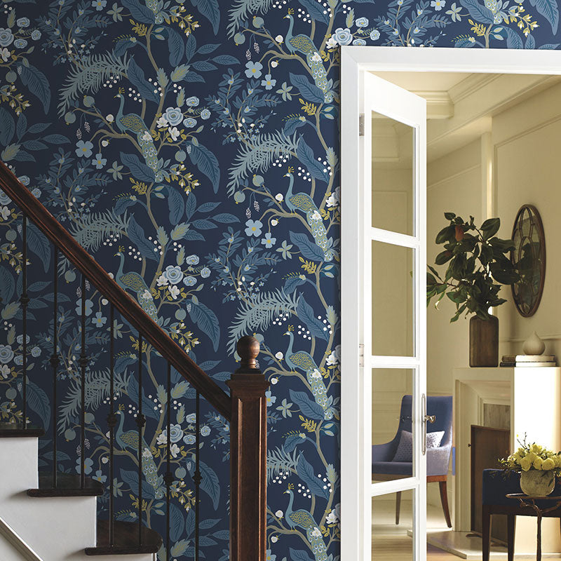 Peacock Traditional Wallpaper - Navy, Swatch
