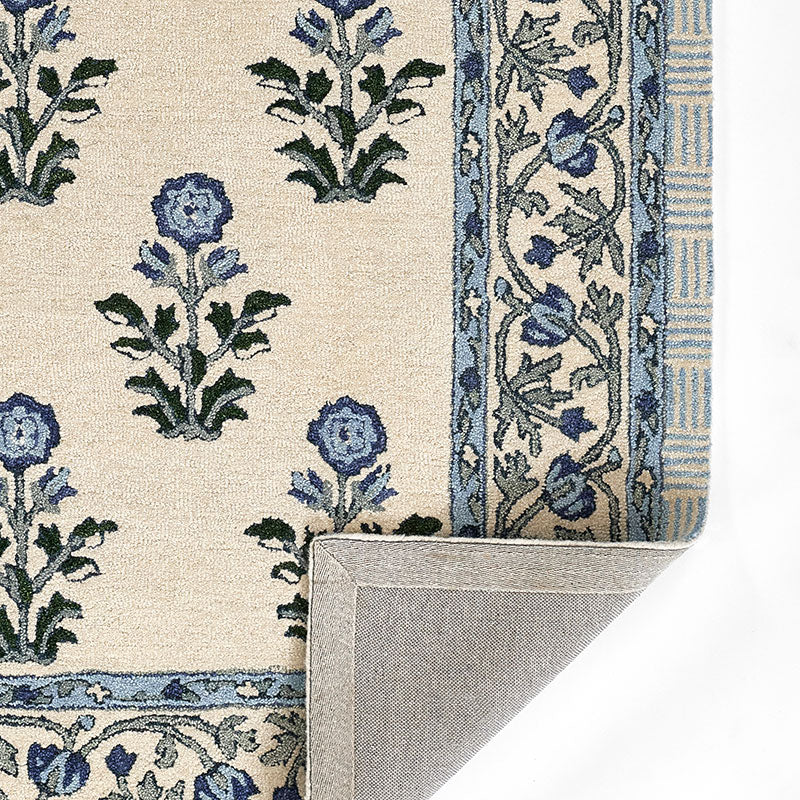 Floral Border Hand Tufted Wool Rug -  Blue, 8' Runner