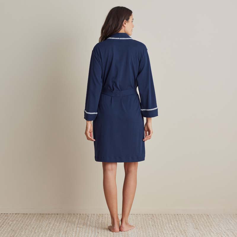 Peruvian Cotton Embroidered Women's Robe - Navy, XL