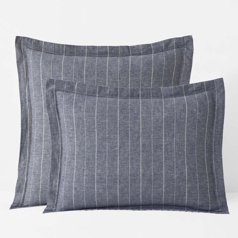 Tailored Stripes Premium Breathable Washed Linen Cotton Reversible Sham - Wide Stripe Deep Navy, Standard