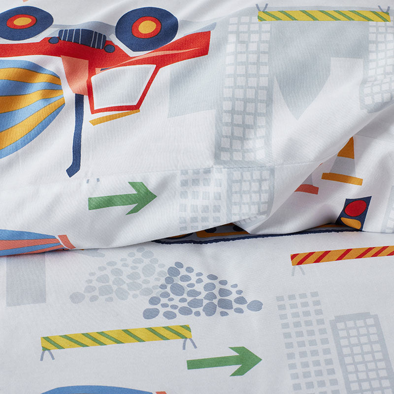 Construction Trucks Classic Cool Organic Cotton Percale Duvet Cover Set - White , Full/Queen