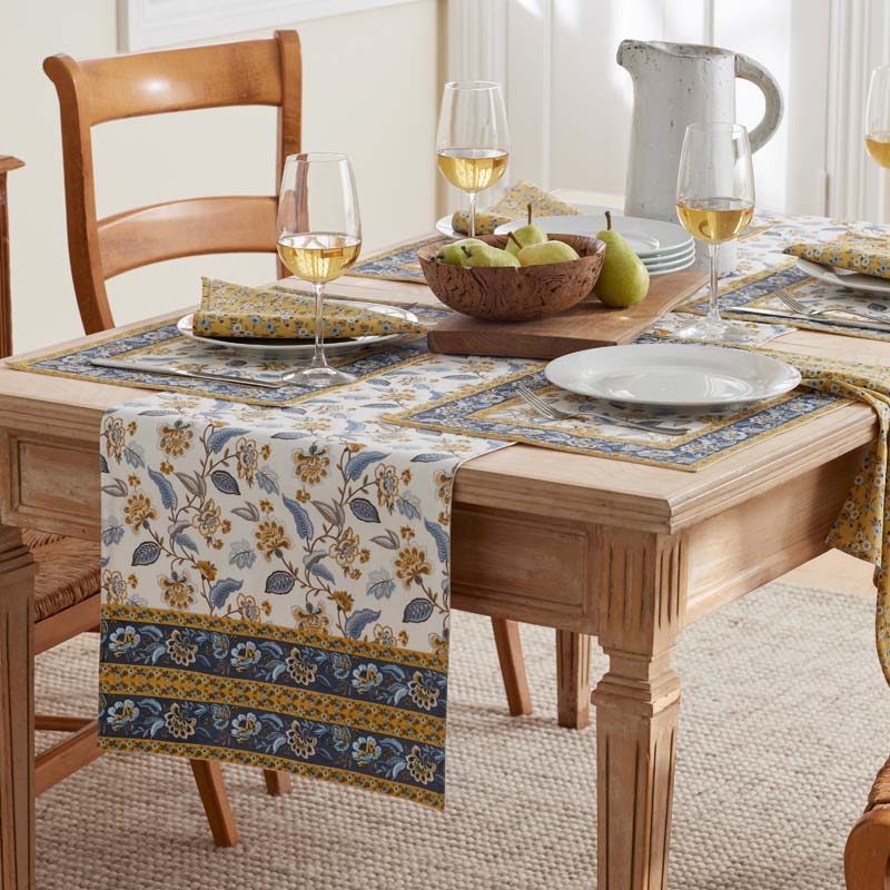 Garden Floral Cotton Table Runner - Blue Flora, 16 in. x 108 in.