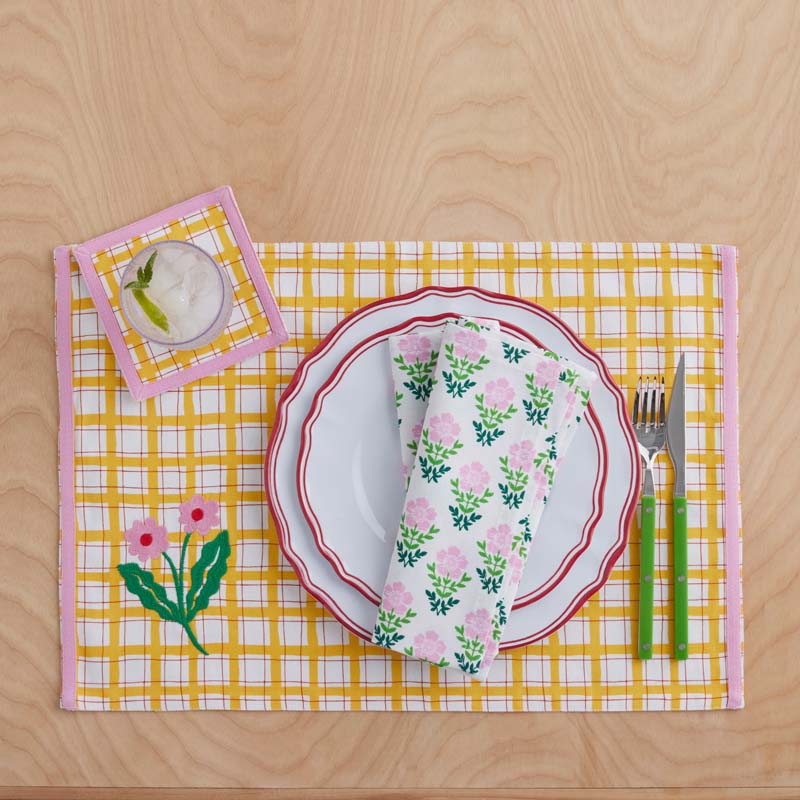 Floral Plaid Napkins, Set of 4 - Pink