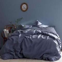 Premium Breathable Washed Linen Solid Fitted Bed Sheet - Denim Blue, Full