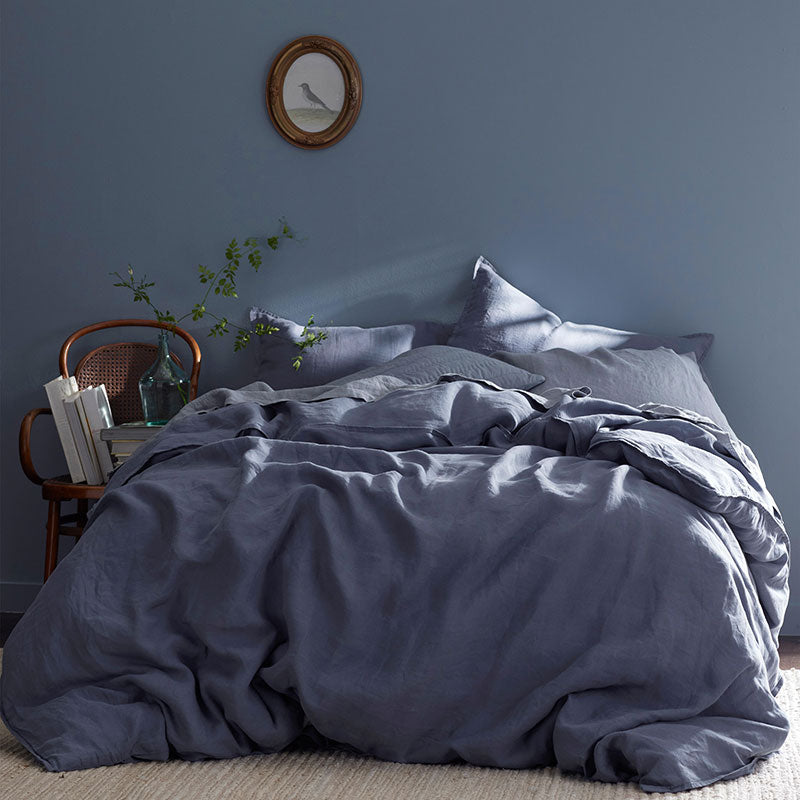Premium Breathable Washed Linen Solid Fitted Bed Sheet - Denim Blue, Queen