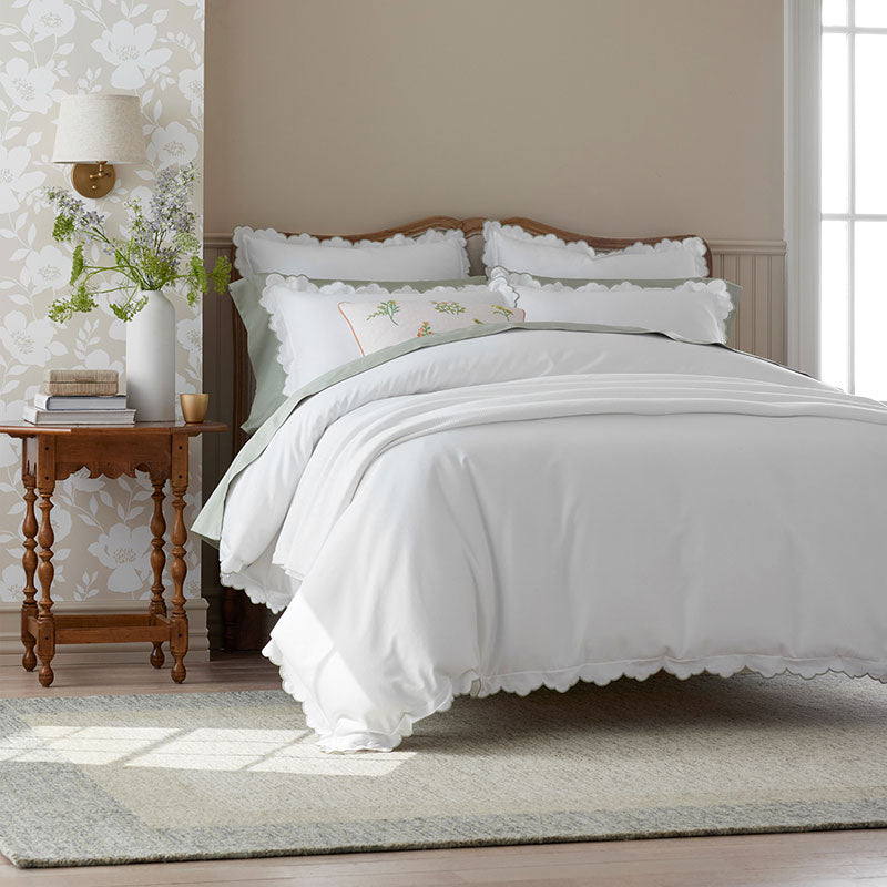 Embroidered Scallop Classic Smooth Sateen Solid Bed Sheet Set - Light Sage, Full