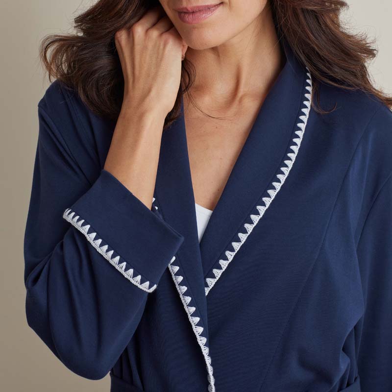 Peruvian Cotton Embroidered Women's Robe - Navy, XL