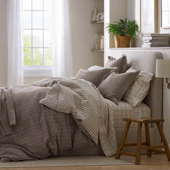 Tailored Stripes and Plaids Premium Breathable Washed Linen Cotton Pillowcase Set - Windowpane Dark Brown, Standard