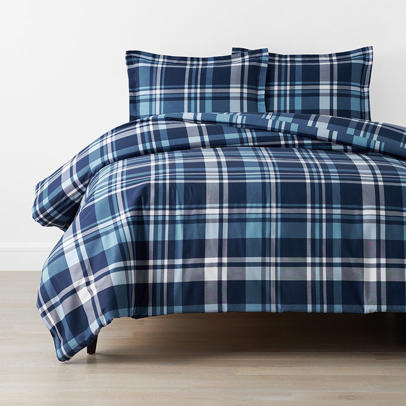 Handsome Tartan Classic Cool Organic Cotton Percale Duvet Cover Set - Blue Multi, Full