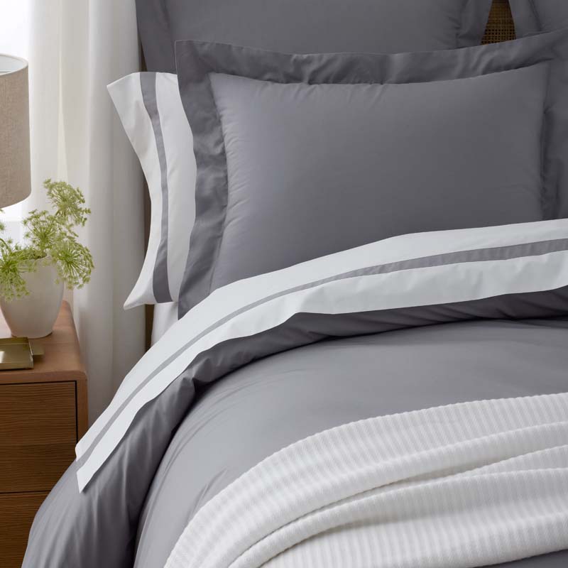 Contrast Border Premium Cool Supima® Cotton Percale Bed Sheet Set - Pewter, Queen
