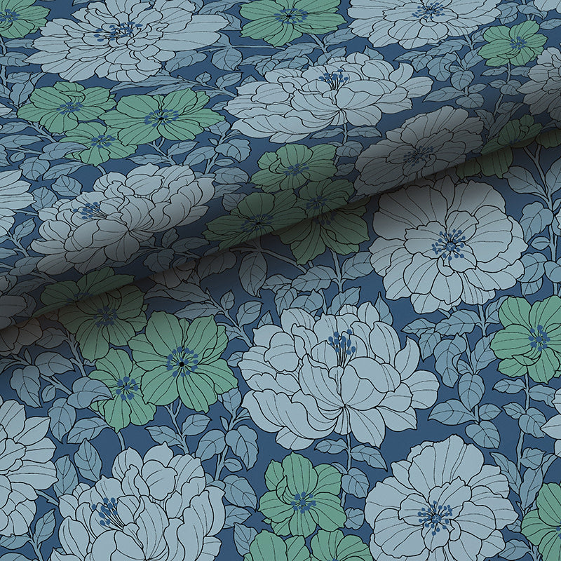 Large Blooms Traditional Wallpaper - Blue, Roll
