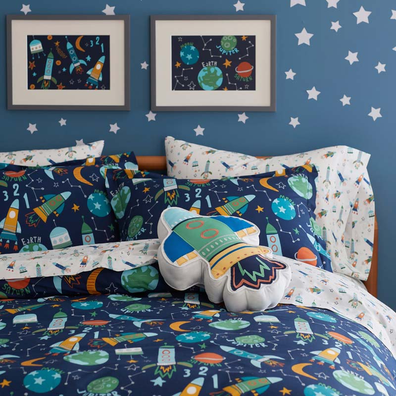 Planets and Rockets Classic Cool Organic Cotton Percale Bed Sheet Set - Navy Multi, Twin XL