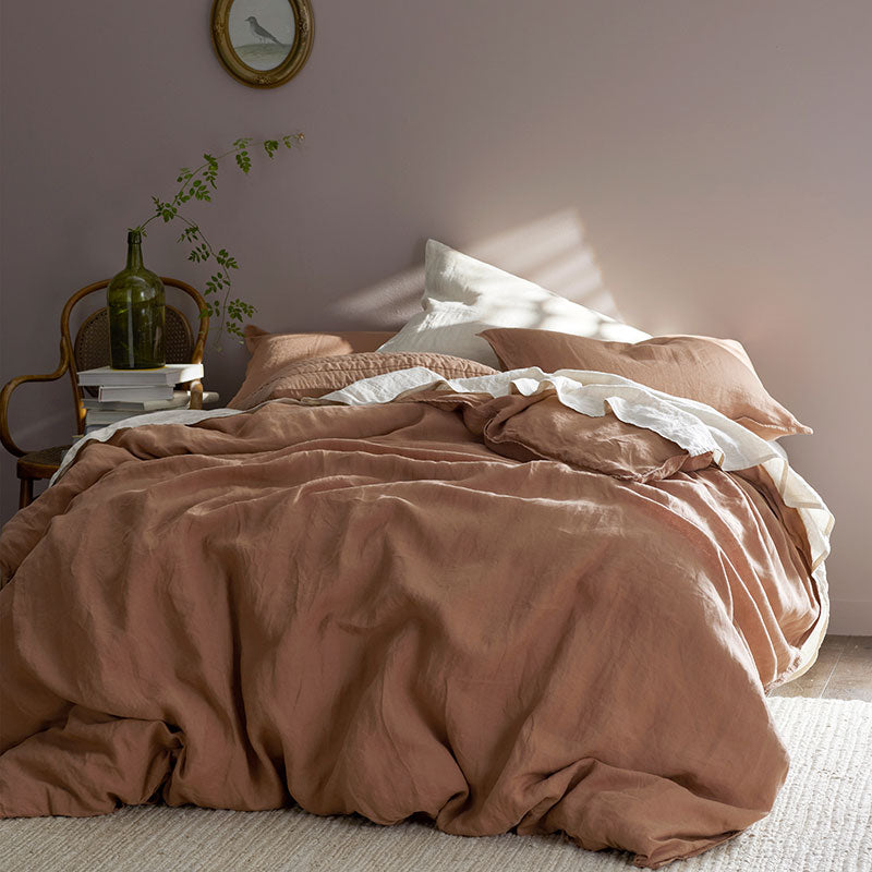 Premium Breathable Washed Linen Solid Bed Sheet Set - Terracotta, Full