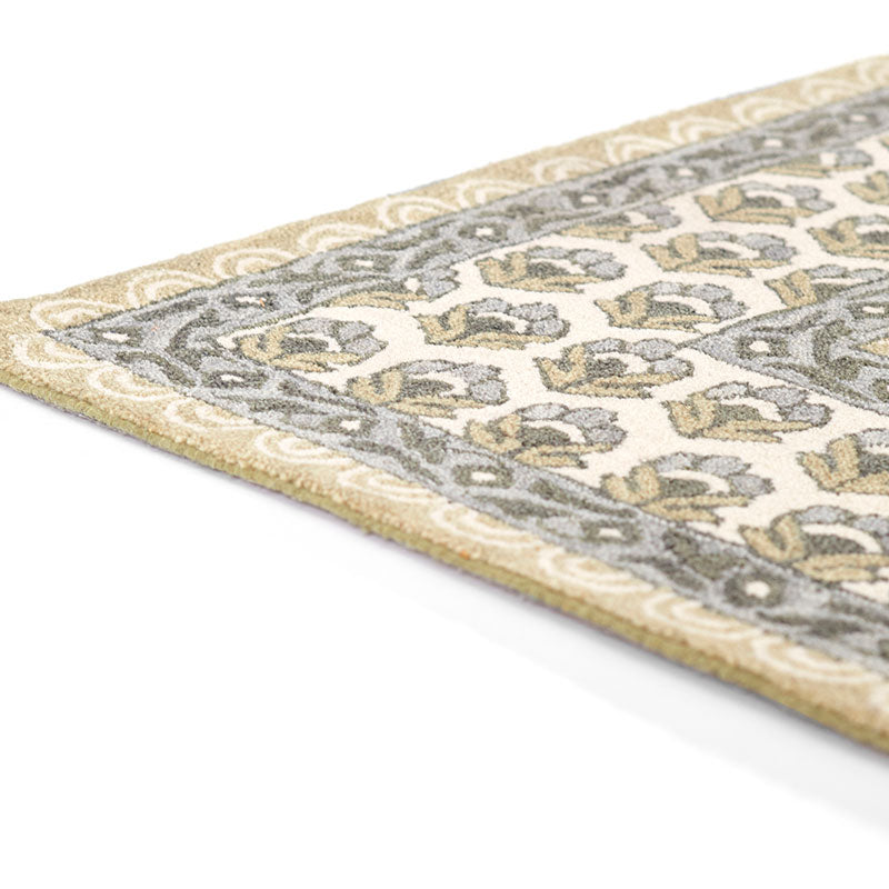Floral Border Hand Tufted Wool Rug -  Green, 8' Runner