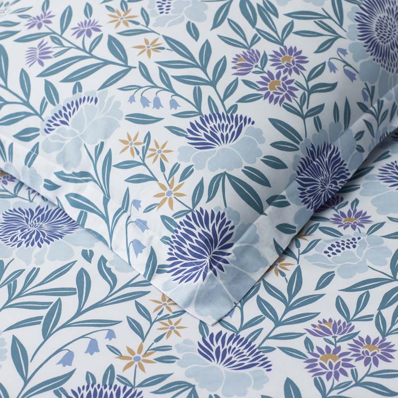 Tira Floral Classic Cool Cotton Percale Bed Sheet Set - Floral Blue, Queen