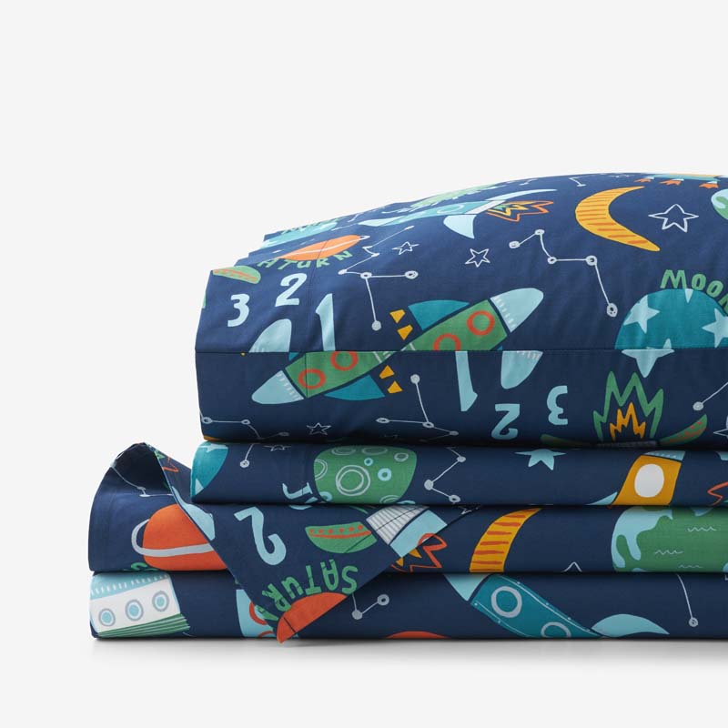 Planets and Rockets Classic Cool Organic Cotton Percale Bed Sheet Set - Navy Multi, Queen