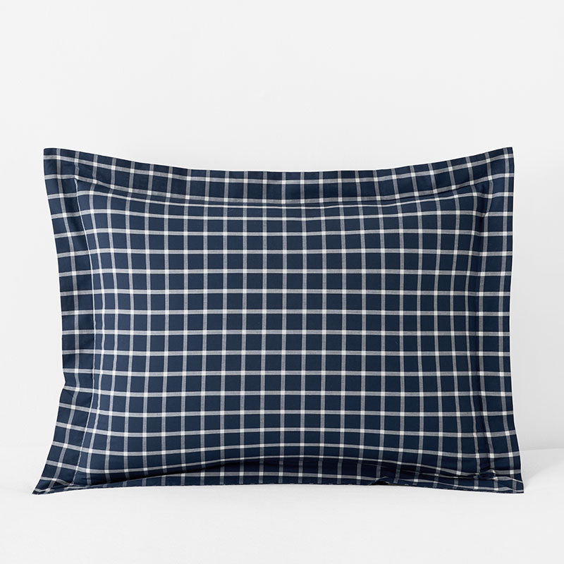 Classic Stripes and Plaids Cool Yarn-Dyed Cotton Percale Sham - Windowpane White/Navy, King