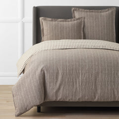 Tailored Stripes Premium Breathable Washed Linen Cotton Reversible Duvet Cover - Wide Stripe Dark Brown, Full/Queen
