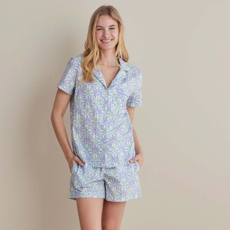 Printed Poplin Women's Shorts Set - Blue Palm, M