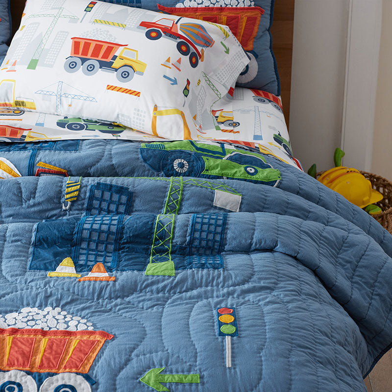 Construction Trucks Quilt - Blue , Full/Queen