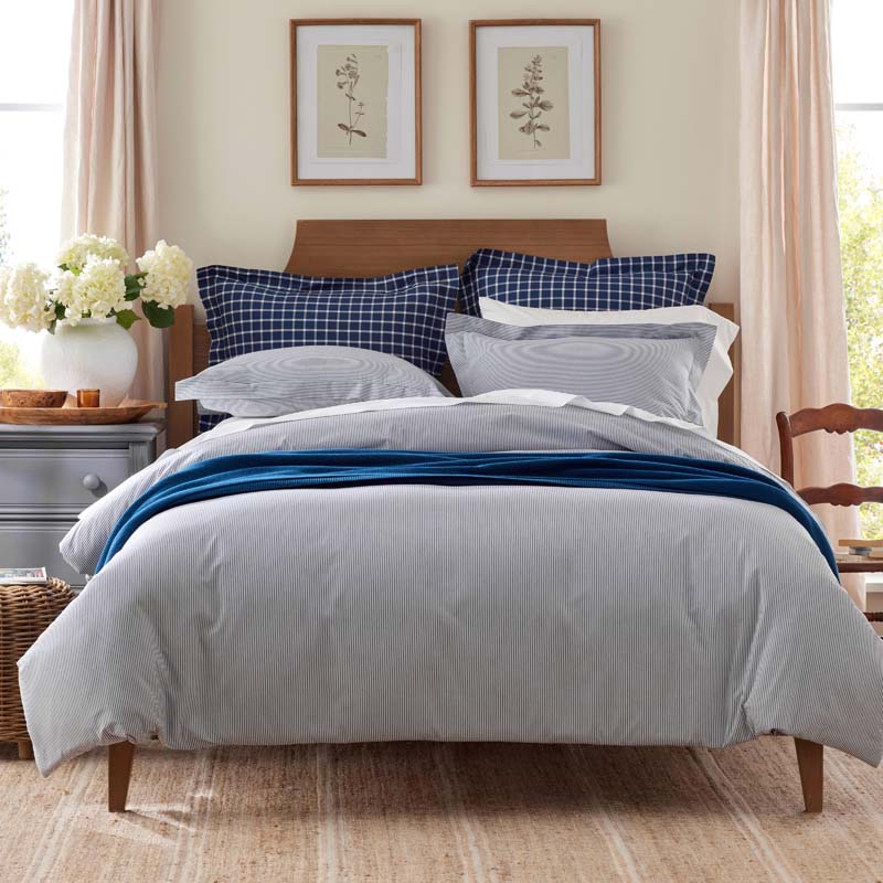 Classic Stripes and Plaids Cool Yarn-Dyed Cotton Percale Duvet Cover - Stripe White/Blue, King/Cal. King