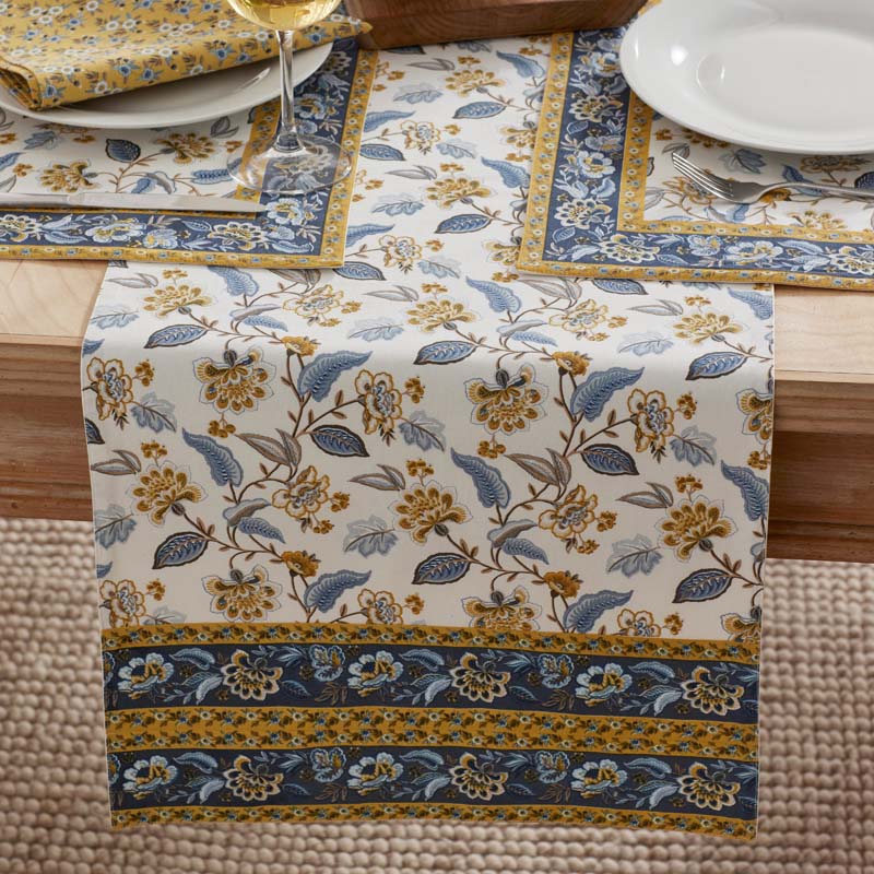 Garden Floral Cotton Table Runner - Blue Flora, 16 in. x 108 in.