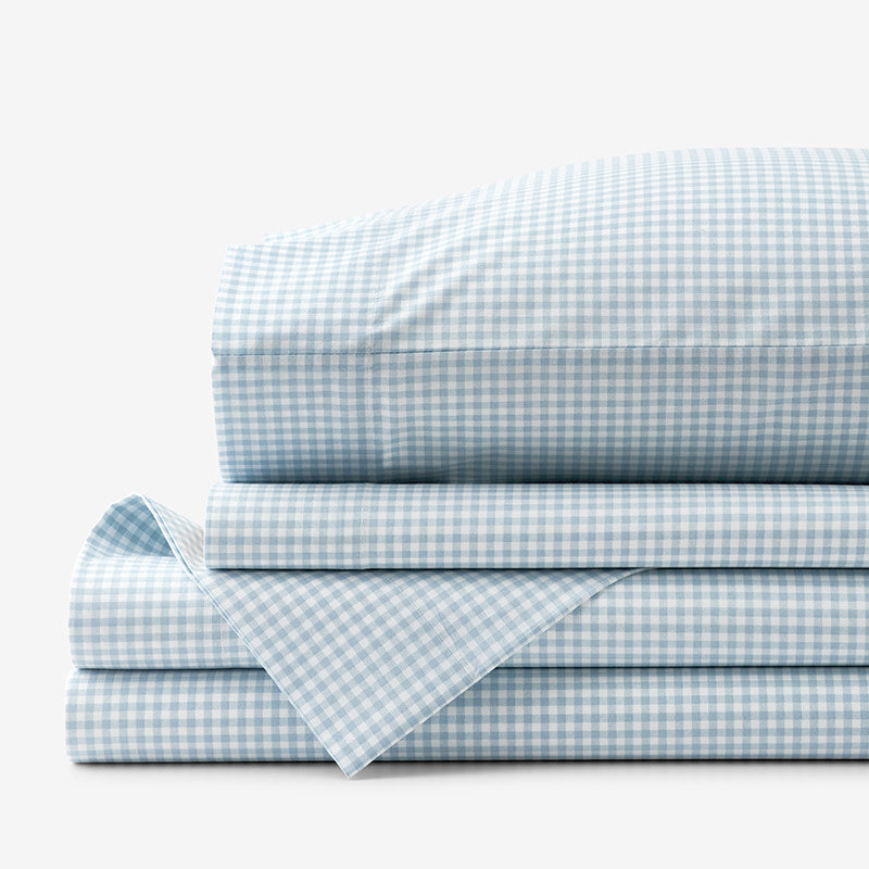 Ditsy Gingham Classic Cool Organic Cotton Percale Bed Sheet Set - Blue, Queen