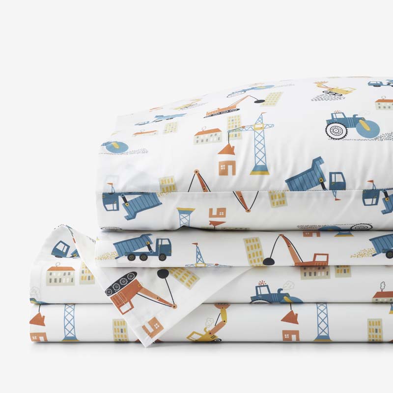 City Builders Classic Cool Organic Cotton Percale Bed Sheet Set - White Multi, Queen