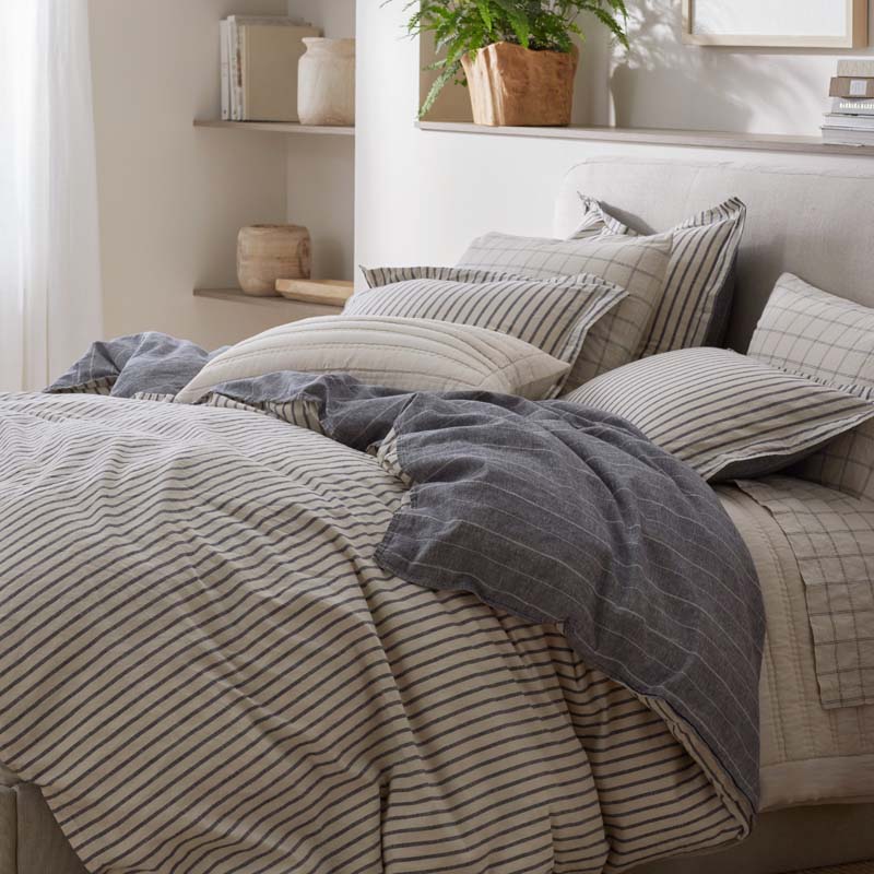 Tailored Stripes Premium Breathable Washed Linen Cotton Reversible Sham - Wide Stripe Deep Navy, Euro