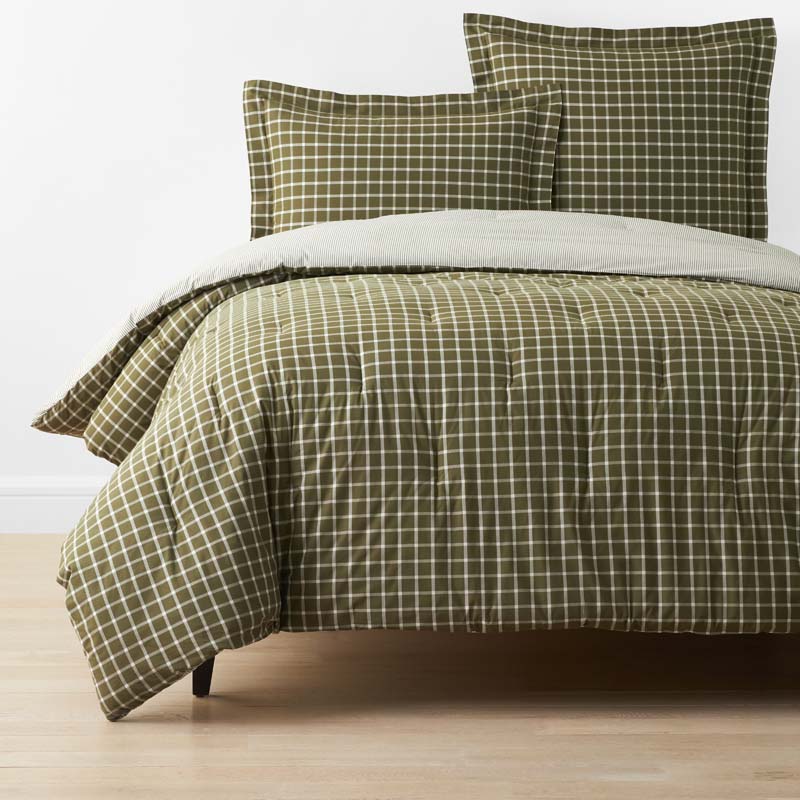 Classic Stripes and Plaids Cool Yarn-Dyed Cotton Percale Reversible Comforter - Windowpane Green, King/Cal. King