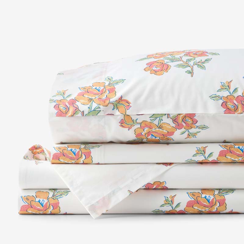 Blossoms and Stripes Classic Cool Cotton Percale Bed Sheet Set - Petal Charm, Full