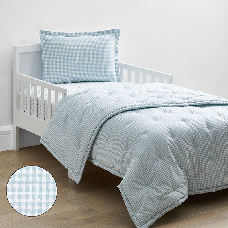 Ditsy Gingham Classic Cool Organic Cotton Percale Toddler Bed Sheet Set - Blue
