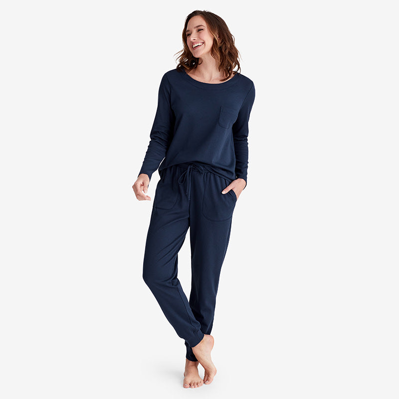 Pima Cotton Women's Jogger Pants Pajama Set - Navy, L
