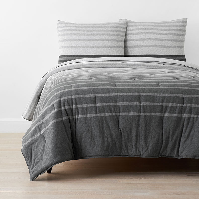 T-Shirt Soft Jersey Knit Stripe Yarn-Dyed Comforter Set - Gray Multi, Full