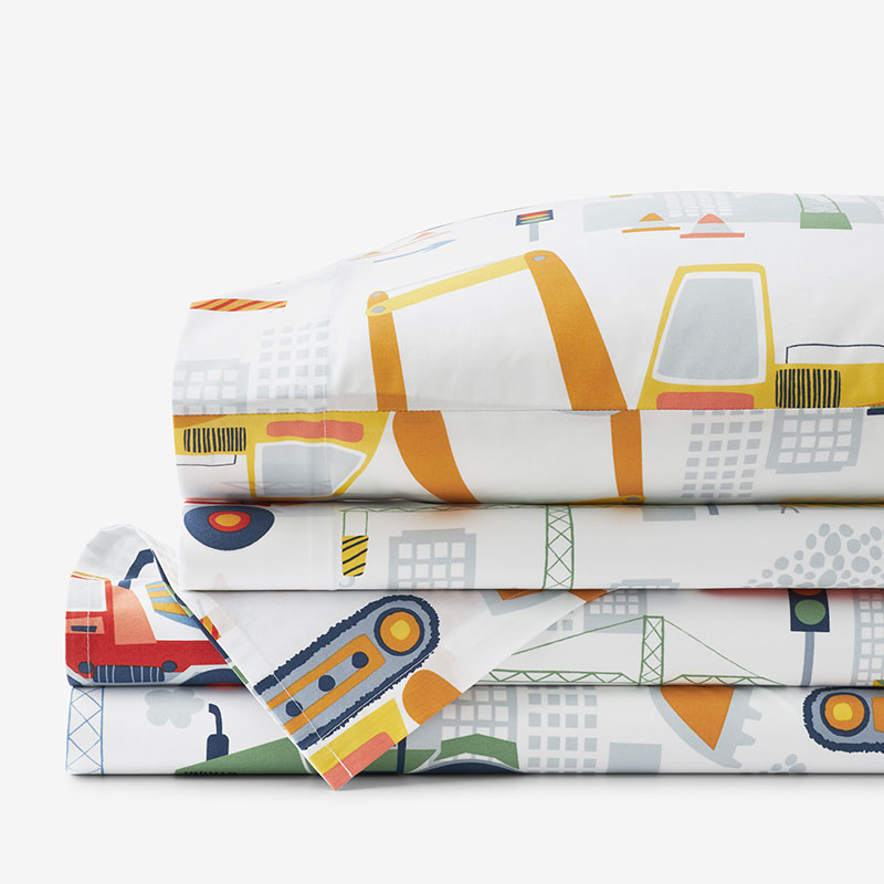 Construction Trucks Classic Cool Organic Cotton Percale Bed Sheet Set - White , Queen
