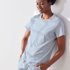Yarn-Dyed Stripe Pima Cotton Women's Shorts Set - Navy/White, L