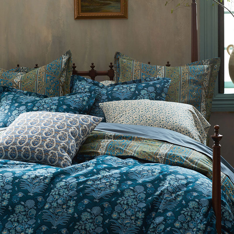 Nawab Floral Premium Smooth Sateen Reversible Duvet Cover - Blue Multi, Full/Queen
