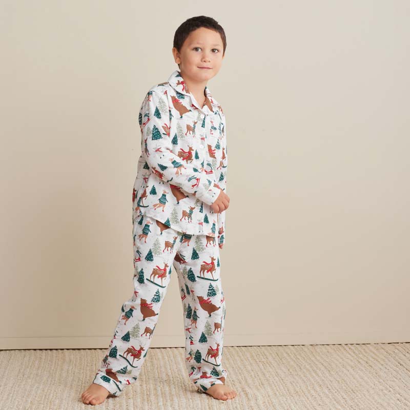 Family Flannel Kid's Button-Down Pajama Set - Winter Skating Animals, 6/7