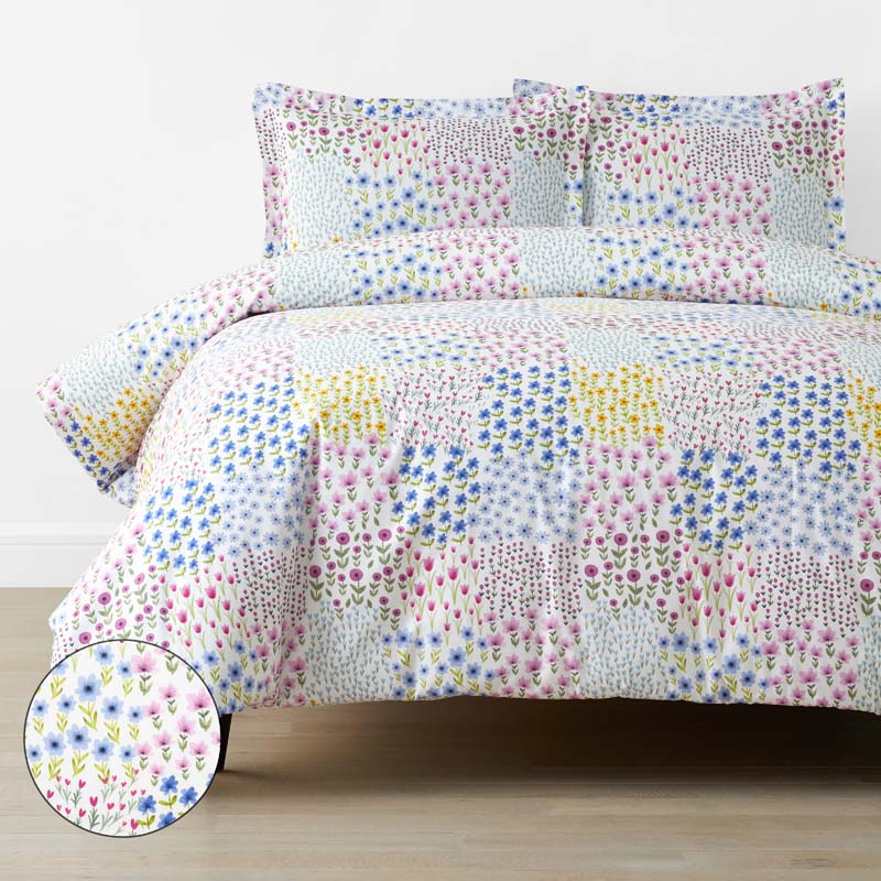 Tiny Blossoms Classic Cool Organic Cotton Percale Duvet Cover Set - White Multi, Full/Queen