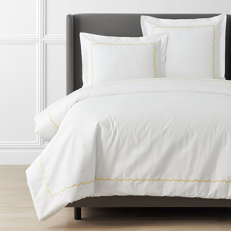 Scallop Embroidered Premium Cool Egyptian Percale Duvet Cover - Yellow, Full/Queen