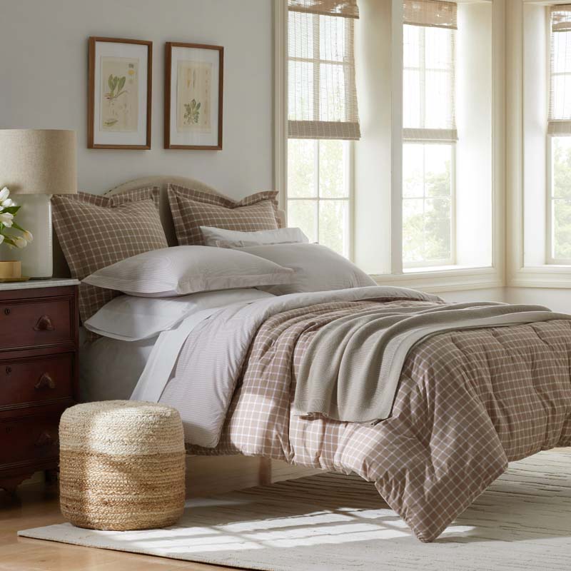 Classic Stripes and Plaids Cool Yarn-Dyed Cotton Percale Reversible Comforter - Windowpane Taupe, Full