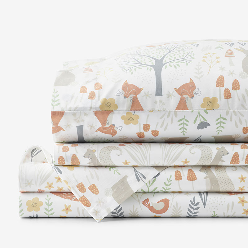 Forest Animals Classic Cool Organic Cotton Percale Bed Sheet Set - Ivory Multi, Queen