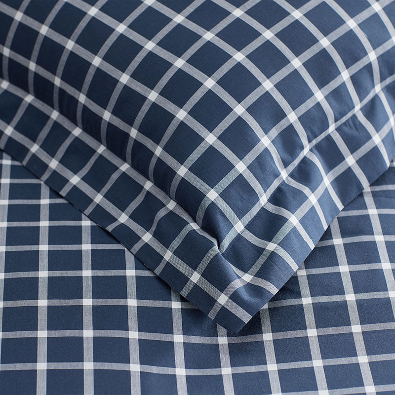 Classic Stripes and Plaids Cool Yarn-Dyed Cotton Percale Fitted Bed Sheet - Windowpane White/Navy, King
