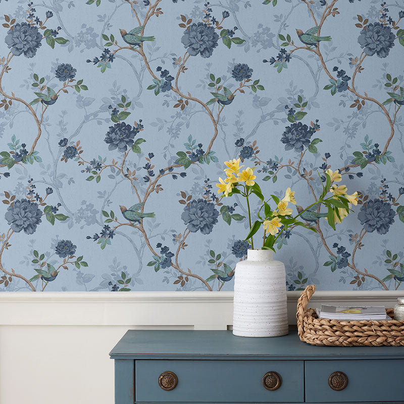 Traditional Bird Removable Wallpaper - Blue, Panel