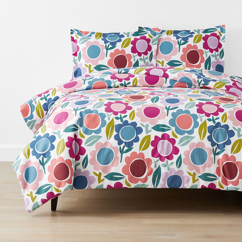 Joyful Flower Classic Cool Organic Cotton Percale Duvet Cover Set - White Multi, Full/Queen