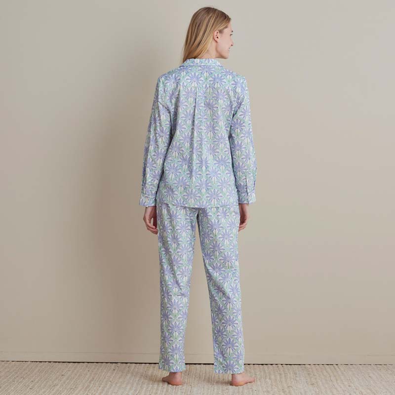 Printed Poplin Women's Button-Down Pajama Set - Blue Palm, XL