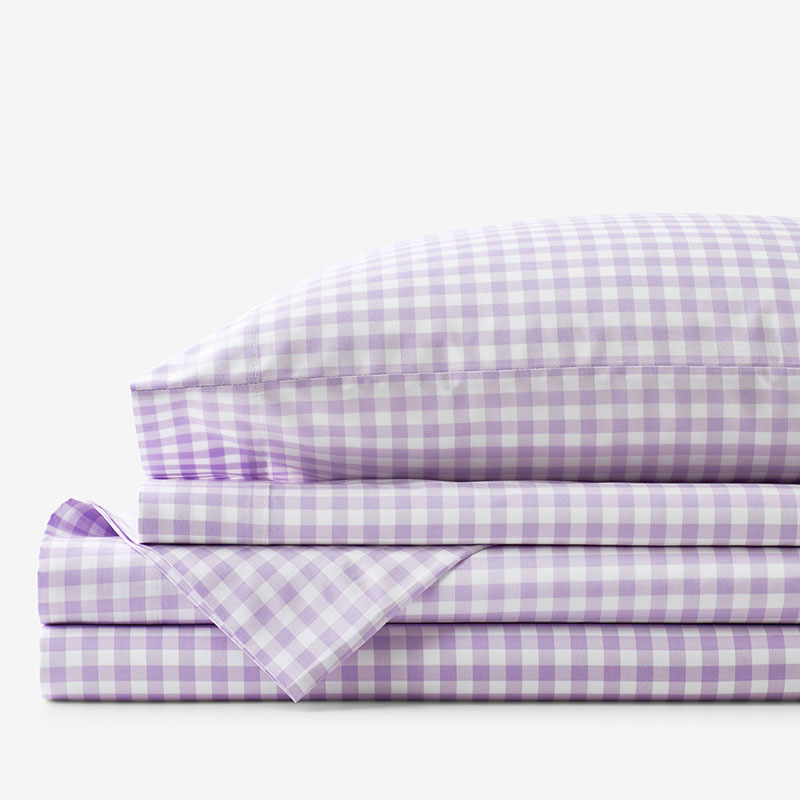 Gingham Classic Cool Organic Cotton Percale Bed Sheet Set - Lilac, Twin XL